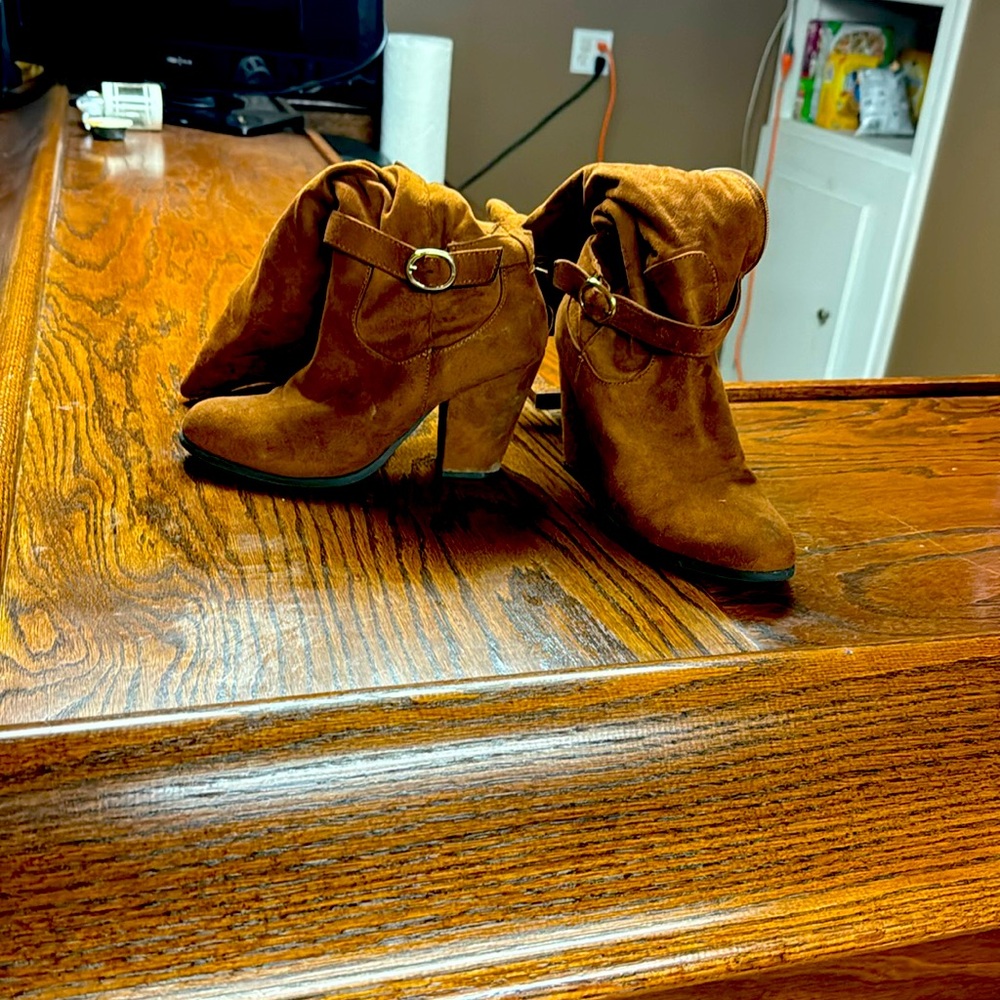 Suede Ankle Booties with Buckle Detail - Rust Brown